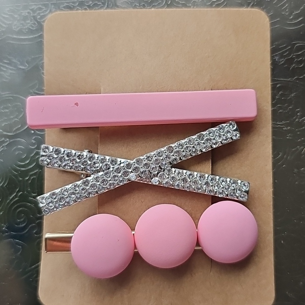 New Pink and Silver 3 Pc Boutique Hair Clip Set - Barrette